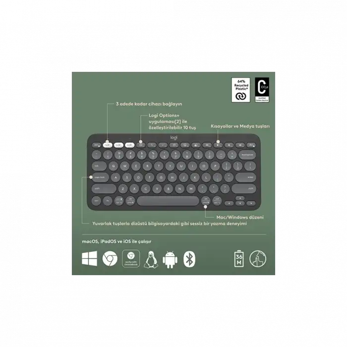 Logıtech K380s, Pebble Keys 2,  Siyah, 920-011859, Bluetooth, Türkçe, Q, Multimedya, Mini Klavye