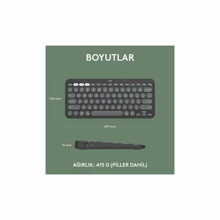 Logıtech K380s, Pebble Keys 2,  Siyah, 920-011859, Bluetooth, Türkçe, Q, Multimedya, Mini Klavye