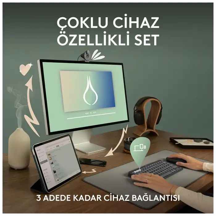 Logıtech Pebble 2 Combo, Grafit, 920-012245, Bluetooth, Türkçe, Q, Multimedya, Mini Klavye Mouse Set