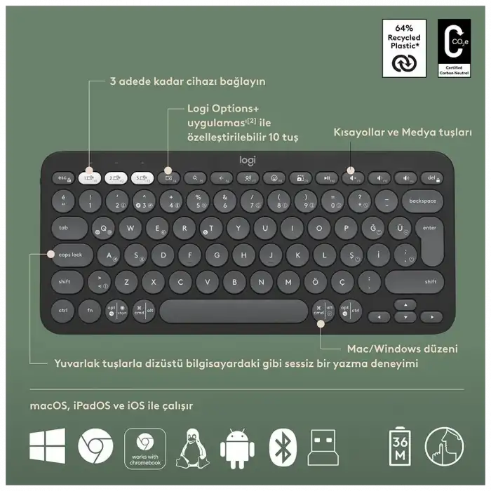 Logıtech Pebble 2 Combo, Grafit, 920-012245, Bluetooth, Türkçe, Q, Multimedya, Mini Klavye Mouse Set