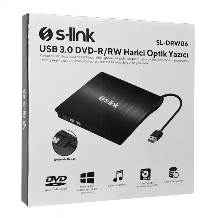 S-lınk Sl-drw06, Usb 3.0, External, Siyah, Slim, Cd-r/dvd-r/rw Optik Okuyucu/yazıcı
