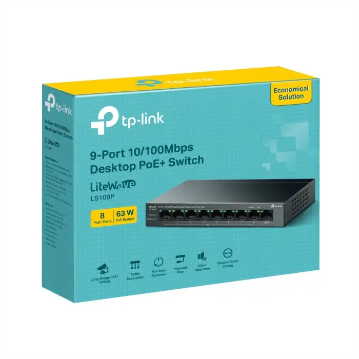 Tp-lınk Ls109p, Green Tech, 8 Port Megabit, Poe 63w, 1 Port Uplink, Long Range 250mt, Yönetilemez, Metal Kasalı Switch