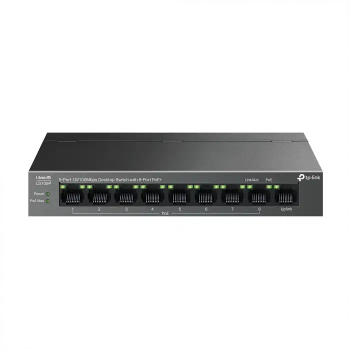 Tp-lınk Ls109p, Green Tech, 8 Port Megabit, Poe 63w, 1 Port Uplink, Long Range 250mt, Yönetilemez, Metal Kasalı Switch