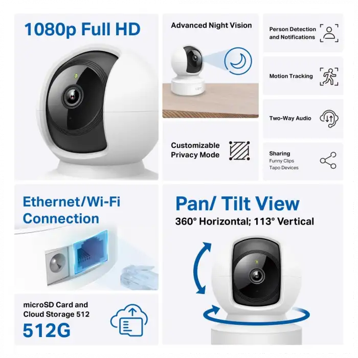 Tp-lınk Tapo C202, Bebek/ev Güvenlik Kamerası, Wifi-ehernet, 1080p, 12mt Gece Görüşü, Pan/tılt, İki Yönlü Ses