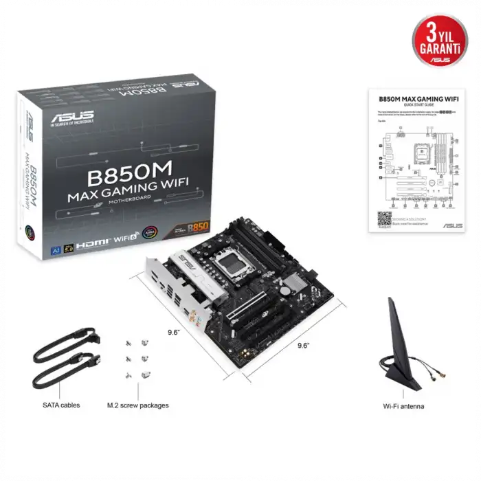 Asus B850m Max Gamıng Wıfı, 4xddr5, 3x M2, Hdmı, Dp, Type-c, Wi-fi 6, Bluetooth V5.4, Am5 Soket Gamıng Anakart
