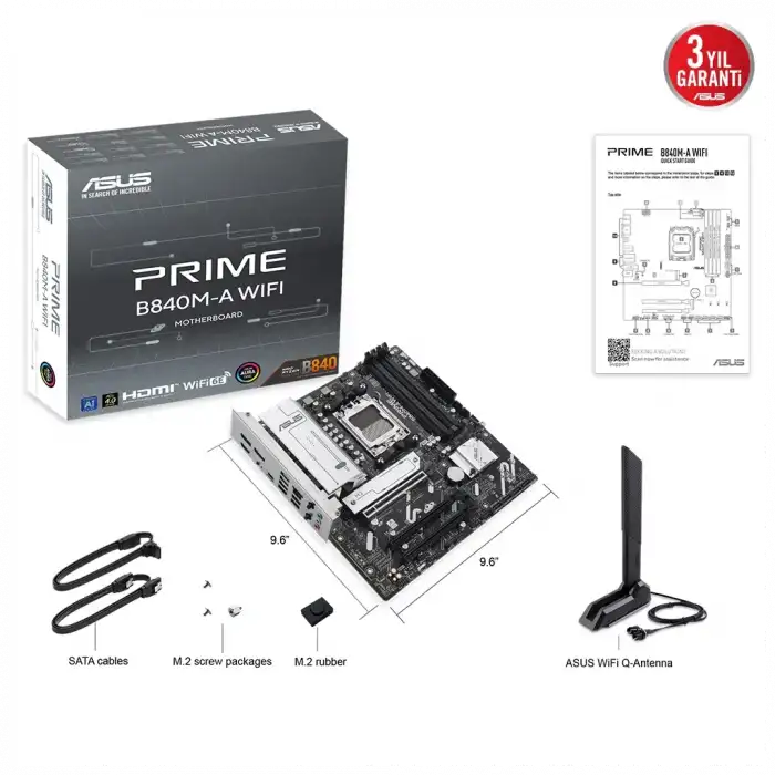Asus Prıme B840m-a Wıfı, 4xddr5, 3x M.2, Hdmı, 2x Dp, Type-c, Wı-fı 6e, Bluetooth 5.3, Am5 Soket Gamıng Anakart
