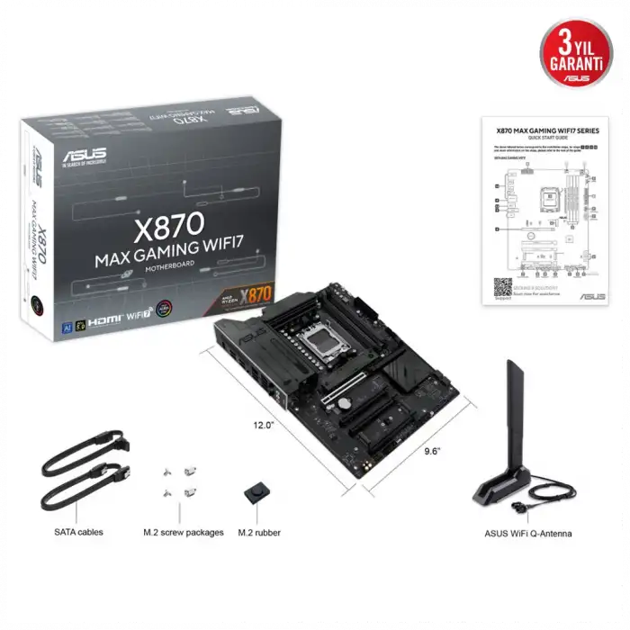 Asus X870 Max Gamıng Wıfı7, 4xddr5, 3x M2, Hdmı, Dp, Type-c, Wi-fi 7, Bluetooth V5.3, Am5 Soket Gamıng Anakart