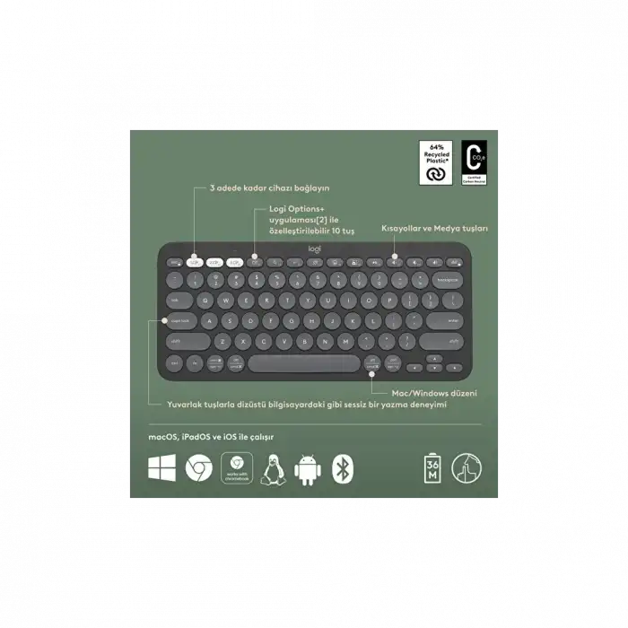 Logıtech K380s, Pebble Keys 2,  Siyah, 920-011859, Bluetooth, Türkçe, Q, Multimedya, Mini Klavye