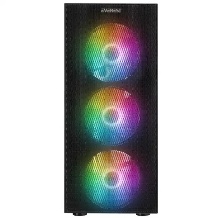 Everest Faced-v5, Mesh, 600w, 4x12cm Sabit Rainbow Fan, Temperli Cam Yan Panel, Atx, Gamıng Kasa