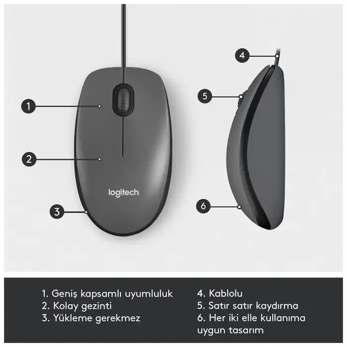 Logıtech 910-006652, M100 Siyah, Usb Kablolu, 1000dpi, Optik, 3 Tuşlu, Mouse