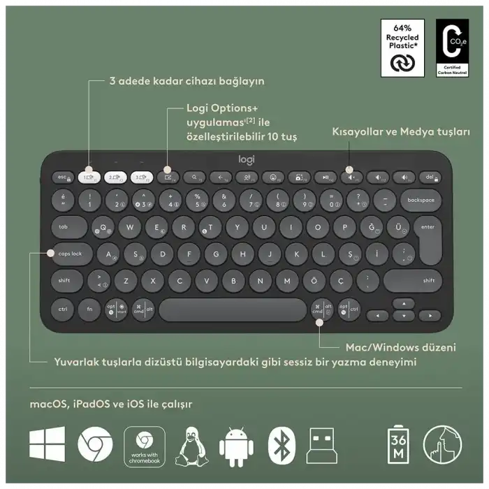 Logıtech Pebble 2 Combo, Grafit, 920-012245, Bluetooth, Türkçe, Q, Multimedya, Mini Klavye Mouse Set