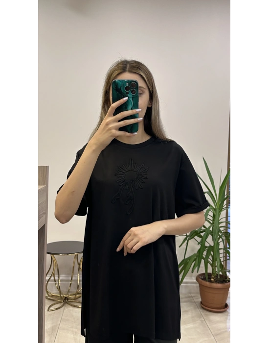 Ceremony 6138 önü işlemeli bambu tişört Siyah