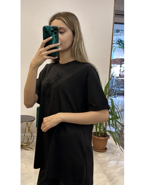 Ceremony 6138 önü işlemeli bambu tişört Siyah