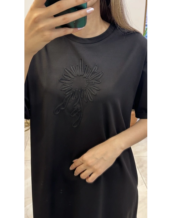 Ceremony 6138 önü işlemeli bambu tişört Siyah