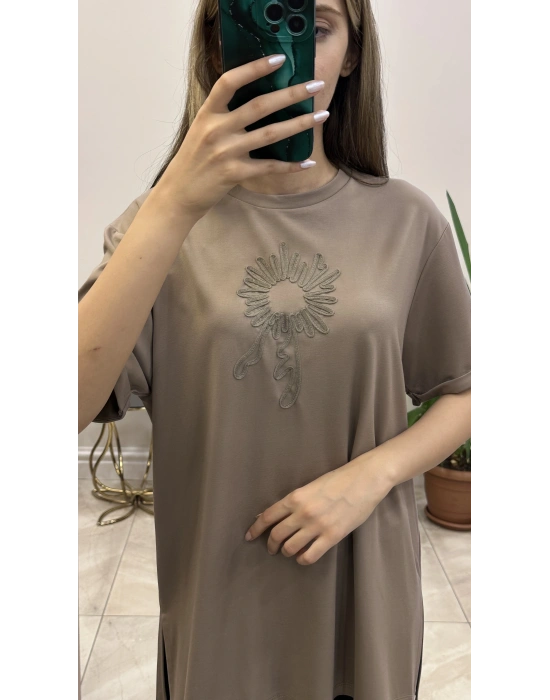 Ceremony 6138 önü işlemeli bambu tişört Vizon