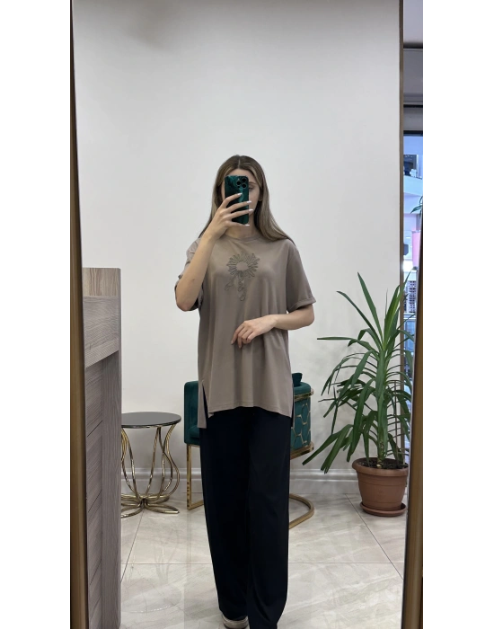 Ceremony 6138 önü işlemeli bambu tişört Vizon