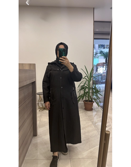 Ceremony 6844 kapüşonlu zig zag dikişli trençkot siyah