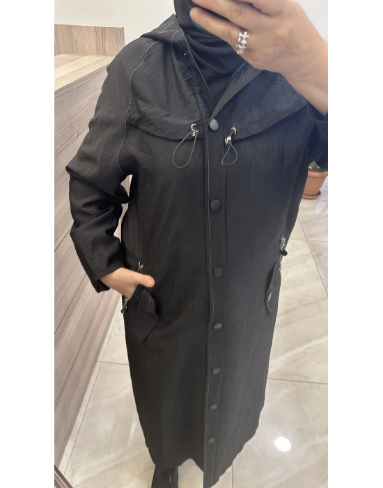 Ceremony 6844 kapüşonlu zig zag dikişli trençkot siyah