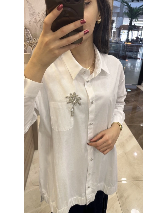 Ghisa 4YGSTNK4937 Beyaz Yaka Taşlı Gömlek Tunik