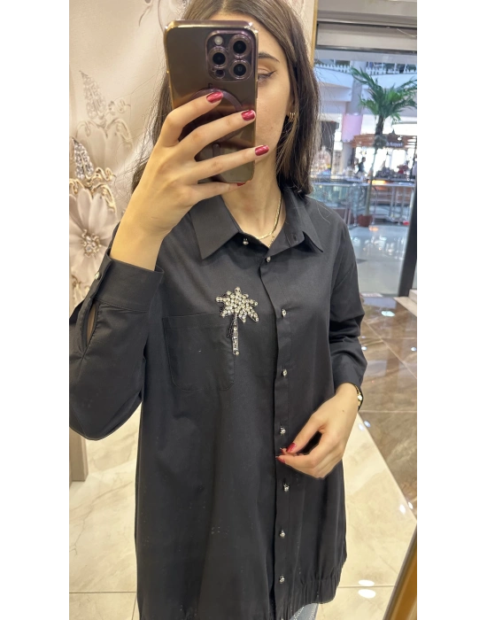 Ghisa 4YGSTNK4937 Siyah Yaka Taşlı Gömlek Tunik