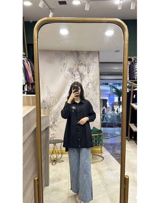Ghisa 4YGSTNK4937 Siyah Yaka Taşlı Gömlek Tunik