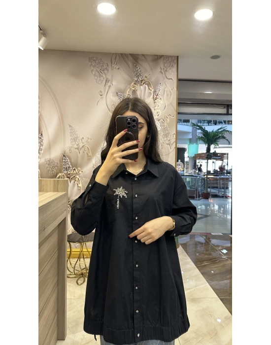 Ghisa 4YGSTNK4937 Siyah Yaka Taşlı Gömlek Tunik
