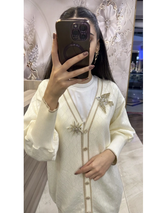 Ghisa 5KOBHRK3698 Ekru Broş Detaylı Hırka