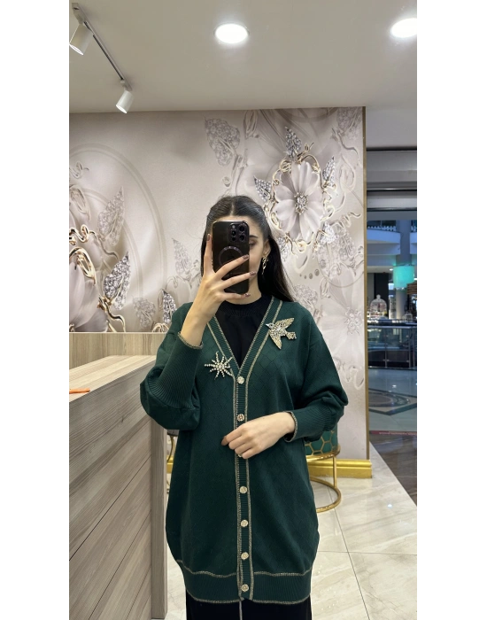 Ghisa 5KOBHRK3698 Yeşil Broş Detaylı Hırka