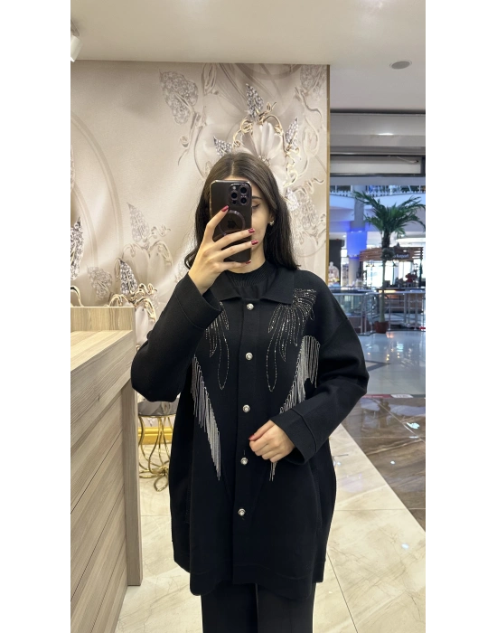 Ghisa 5KOBHRK3899 Siyah Taş Detaylı Triko Hırka