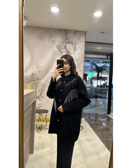 Ghisa 5KOBHRK3899 Siyah Taş Detaylı Triko Hırka