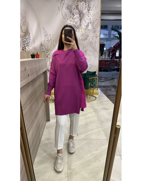 İnvee 6250 omzu şifon tunik fuşya