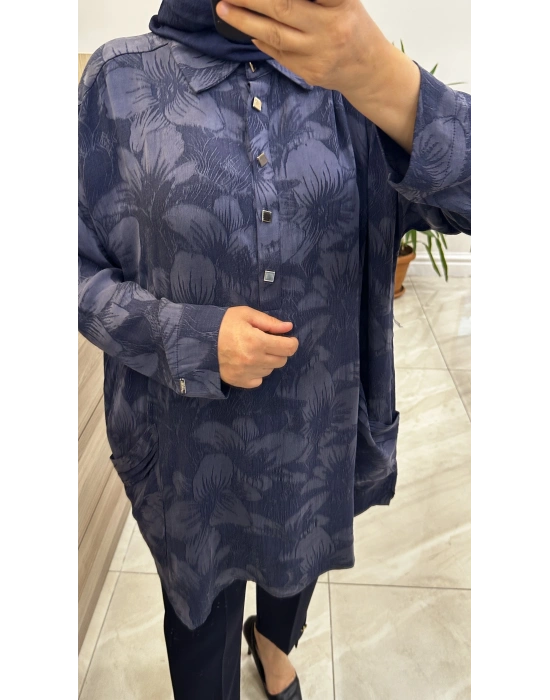 İnvee 7109 Çiçek Desenli Tunik Lacivert