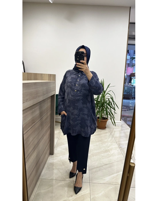 İnvee 7109 Çiçek Desenli Tunik Lacivert