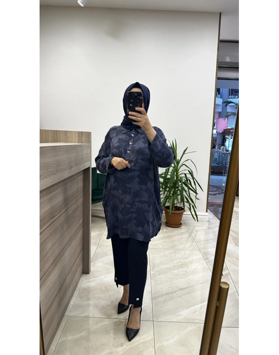 İnvee 7109 Çiçek Desenli Tunik Lacivert