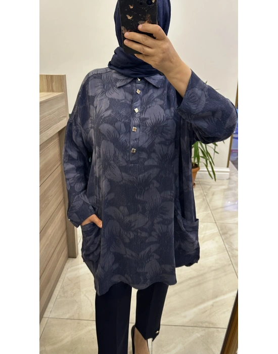 İnvee 7109 Çiçek Desenli Tunik Lacivert