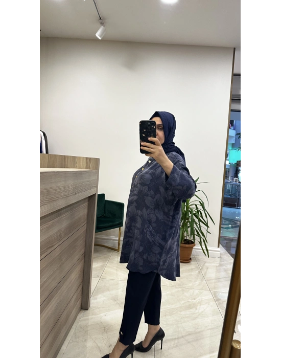 İnvee 7109 Çiçek Desenli Tunik Lacivert