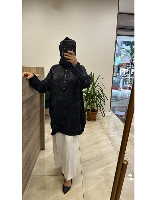 İnvee 7109 Çiçek Desenli Tunik Siyah