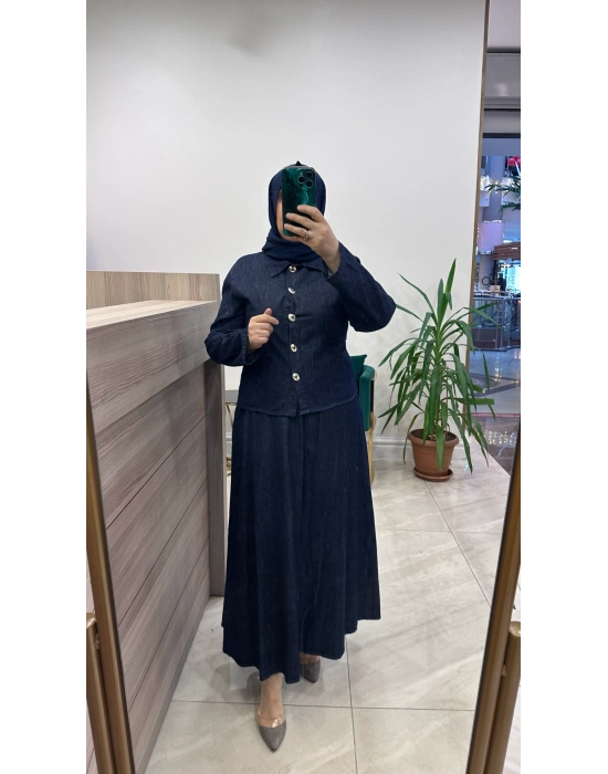 Magazin 7478 Koyu Denim Etekli Takım