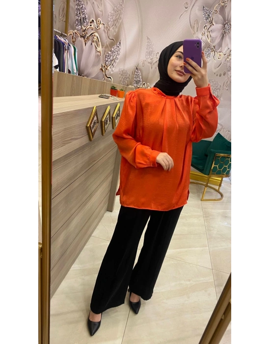 NİQZZA WİM YAKASI PİLELİ BLUZ ORANJ