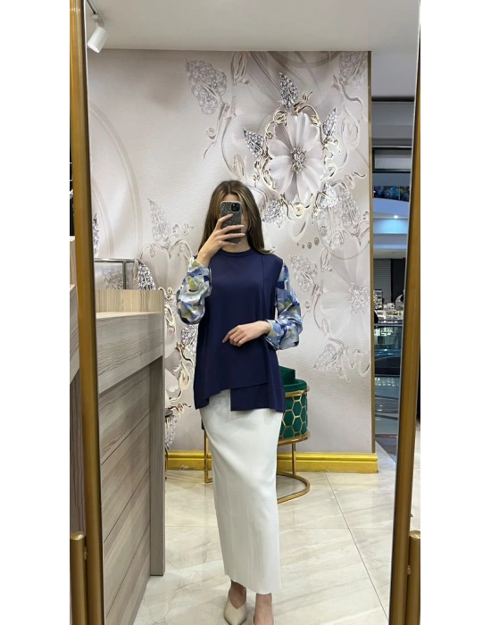 NS-25Y3011 Kolları Desenli Tunik Lacivert