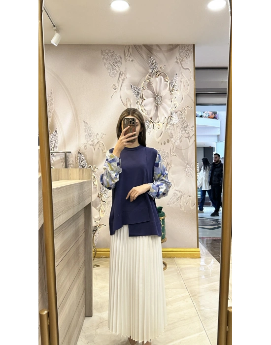 NS-25Y3011 Kolları Desenli Tunik Lacivert