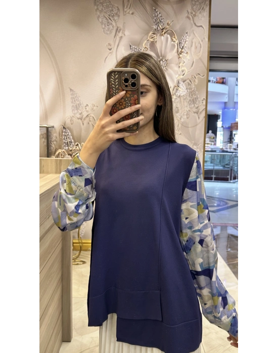 NS-25Y3011 Kolları Desenli Tunik Lacivert