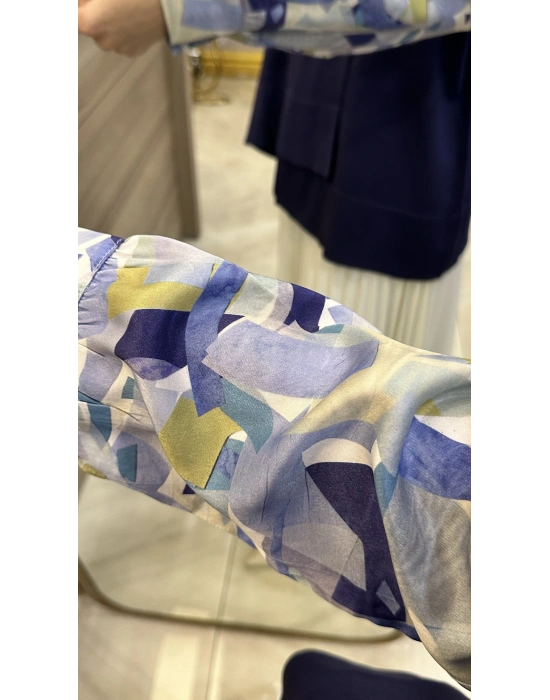 NS-25Y3011 Kolları Desenli Tunik Lacivert