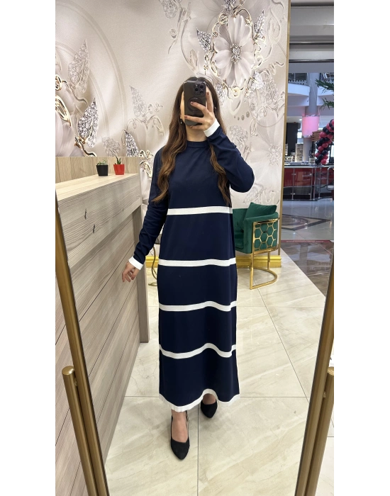 Nuss 1400 Elbise Lacivert-Ekru