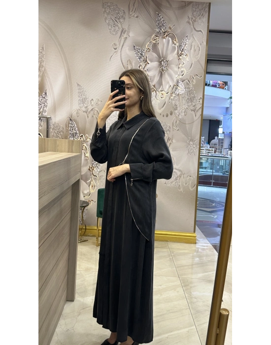 QEFFA 069 İpek Liosel Siyah Ferace Salaş Elbise