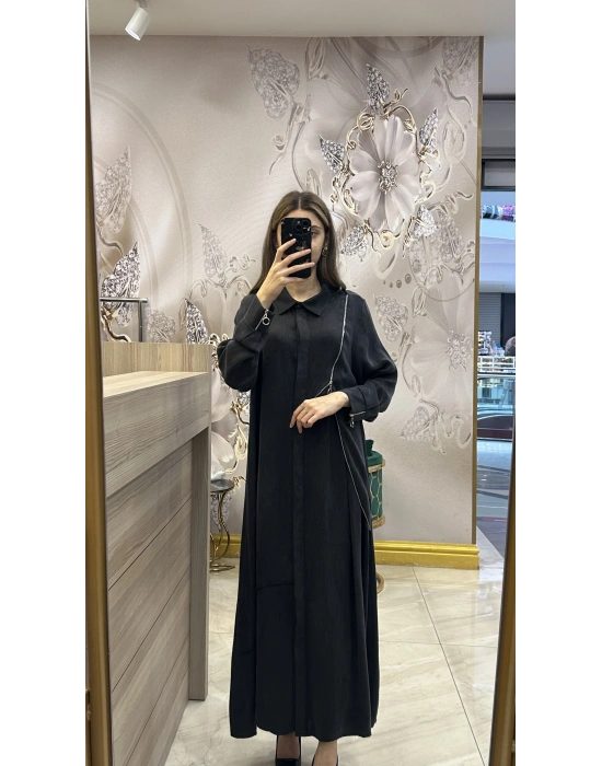 QEFFA 069 İpek Liosel Siyah Ferace Salaş Elbise