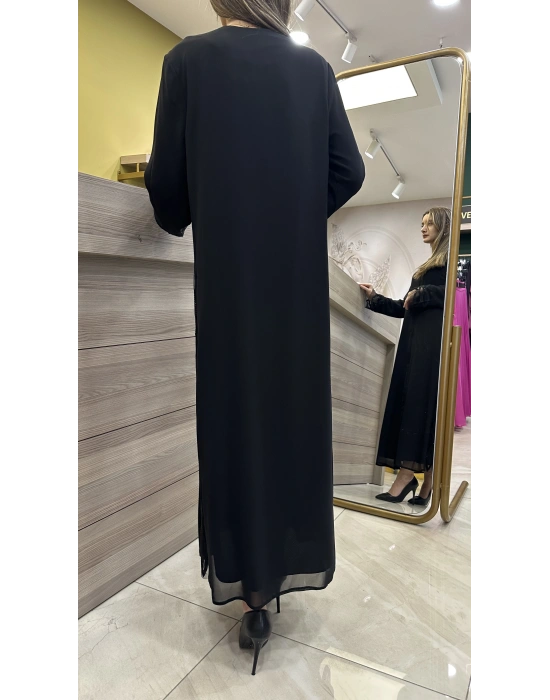 QEFFA 203 Krep Şifon Abaya Siyah
