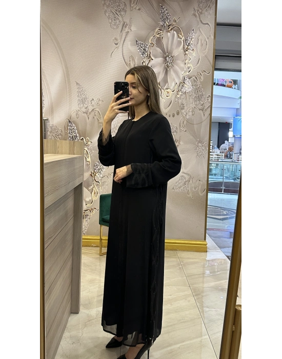 QEFFA 203 Krep Şifon Abaya Siyah