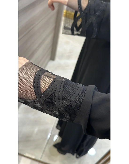 QEFFA 203 Krep Şifon Abaya Siyah