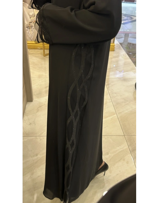 QEFFA 203 Krep Şifon Abaya Siyah